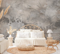 Elegant gray floral wall mural with delicate botanical sketches.
