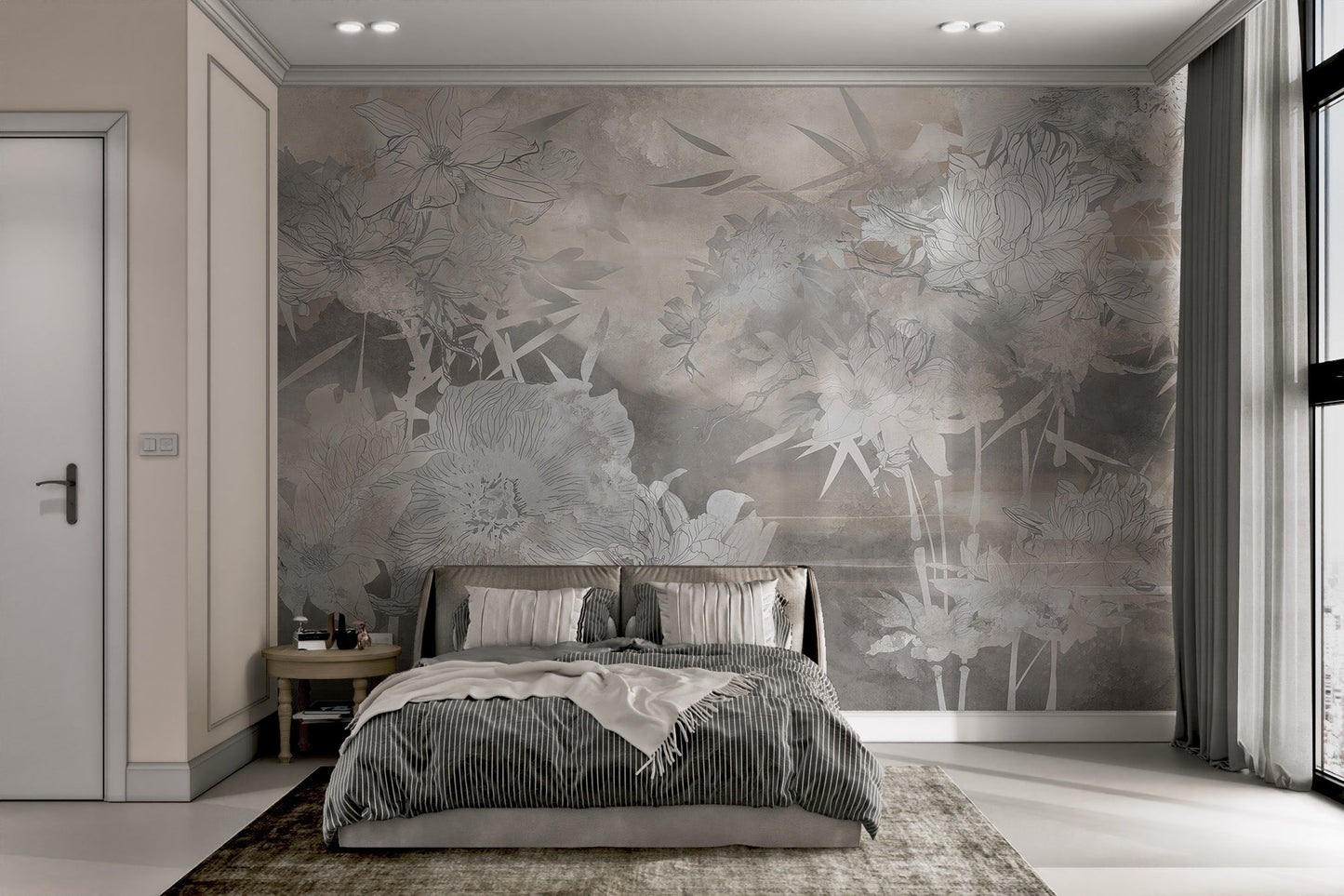 Floral line drawing wall mural with taupe and smoke tones for a guest bedroom