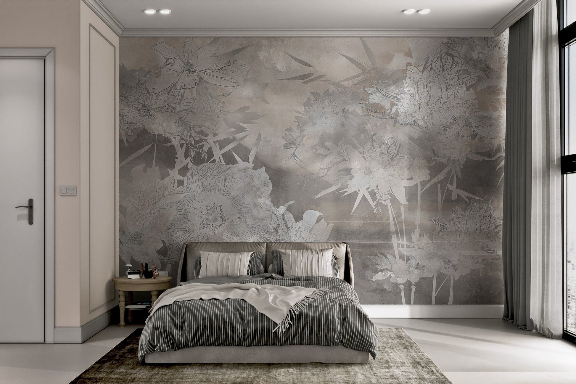 Floral line drawing wall mural with taupe and smoke tones for a guest bedroom