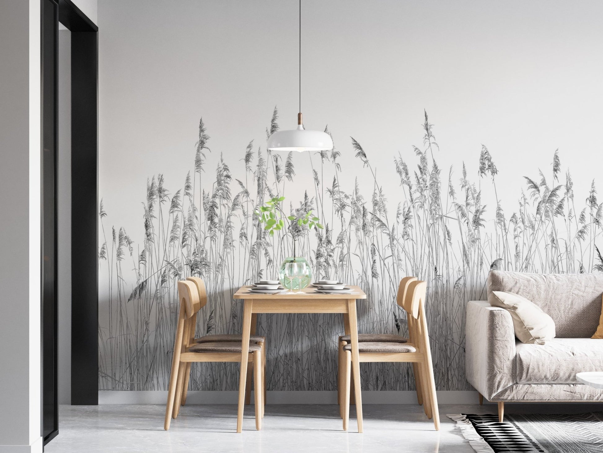 Reed canebrake pattern wall mural in a small dining area with a hanging pendant light.