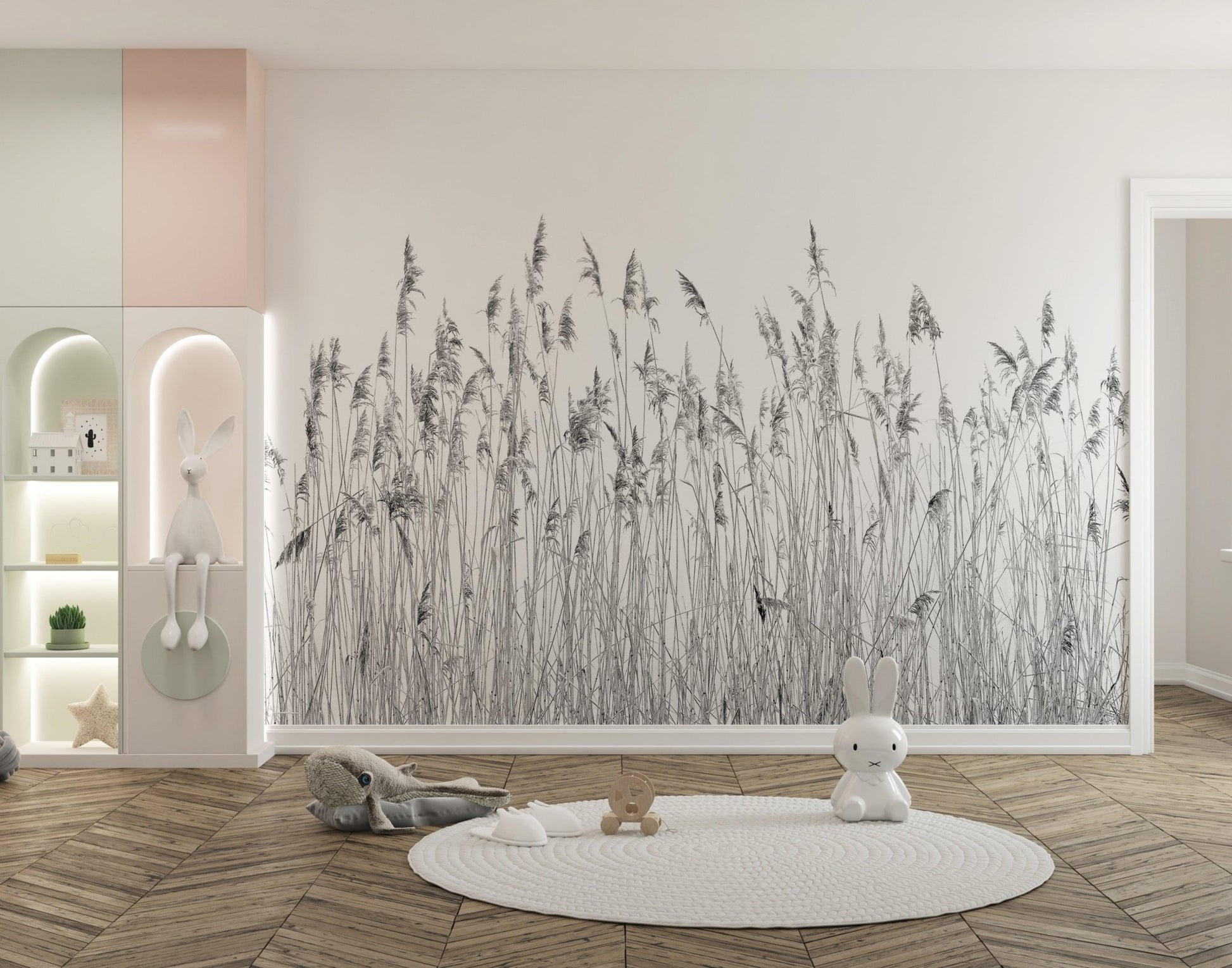 Canebrake wall mural in a playroom with a white circular rug and storage units.