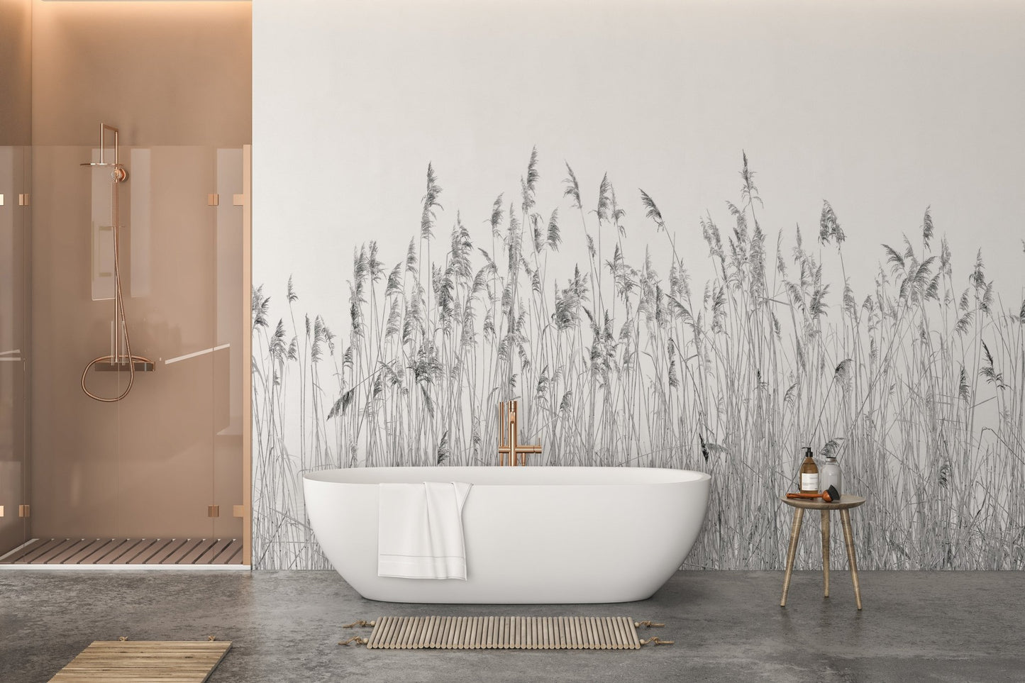 Gray Breeze Canebrake Wall Mural in a bathroom with a white freestanding tub.
