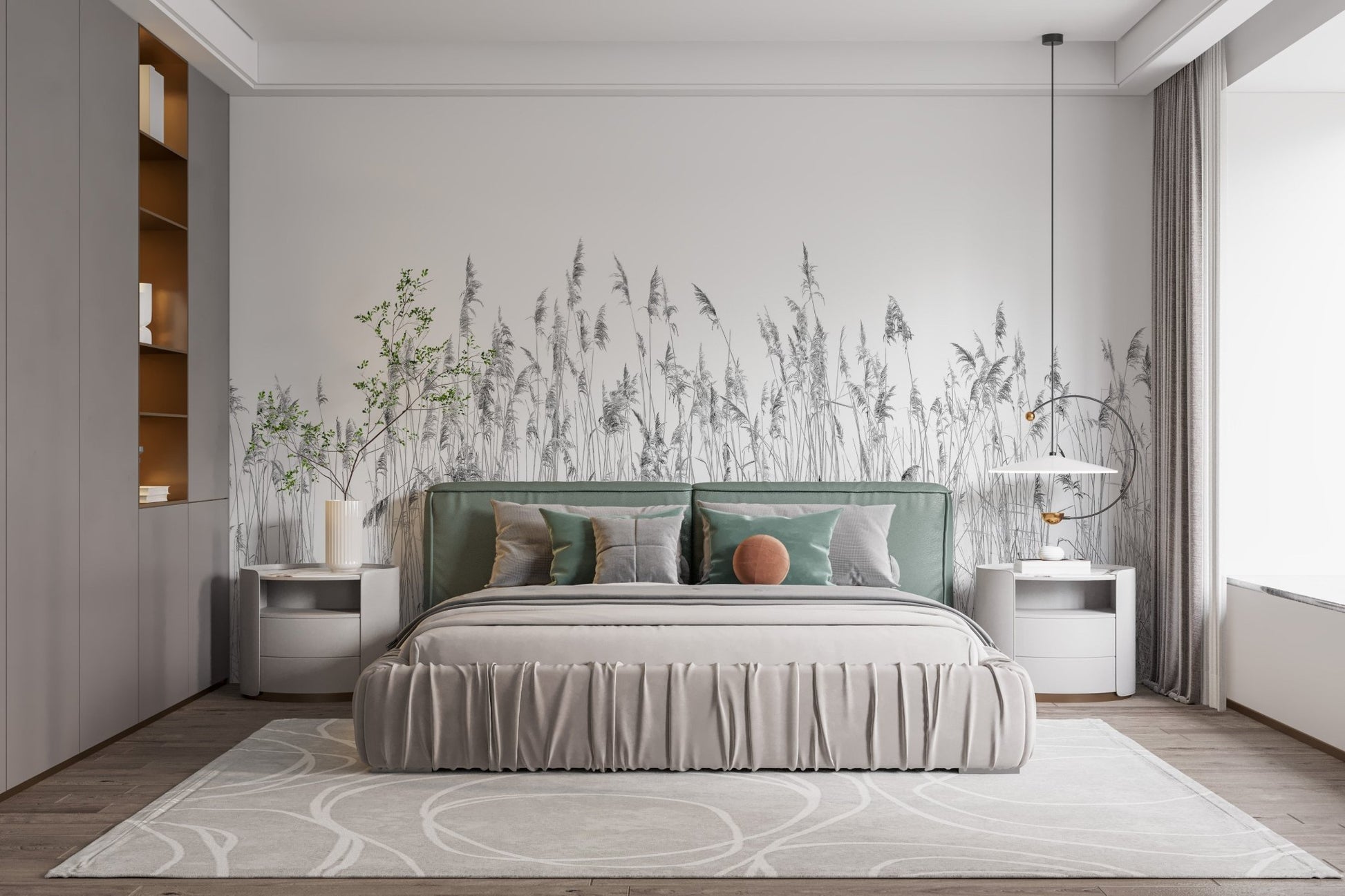 Gray Breeze Canebrake Wall Mural in a bedroom with a green bed and white rug.