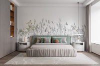 Gray Breeze Canebrake Wall Mural in a bedroom with a green bed and white rug.