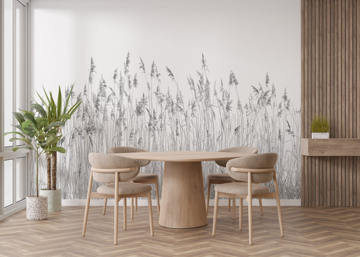 Botanical breeze wall mural with reed patterns behind a wooden dining table and chairs.