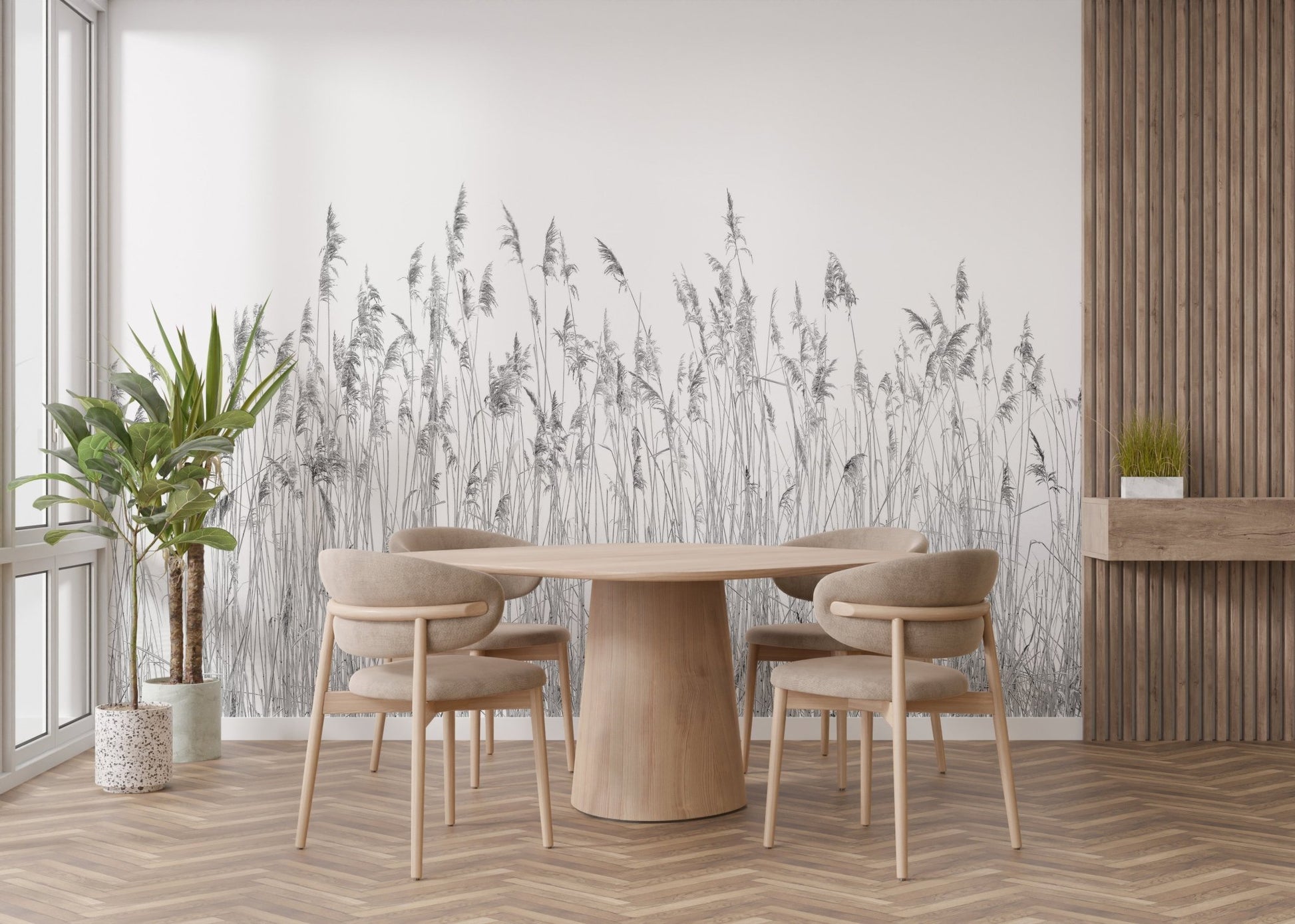 Botanical breeze wall mural with reed patterns behind a wooden dining table and chairs.