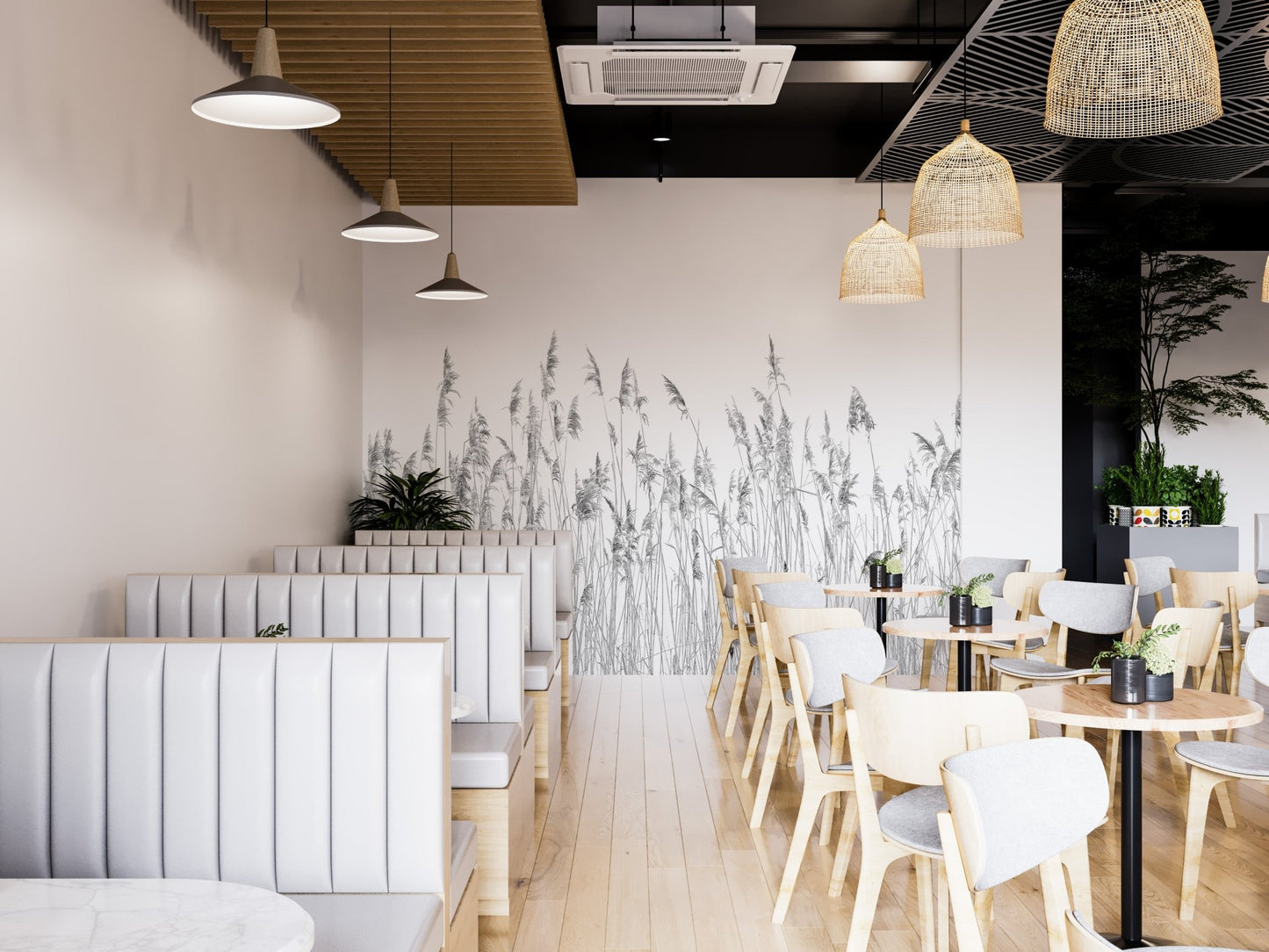 Grey plant wall mural used as a feature wall in a modern cafe or restaurant.