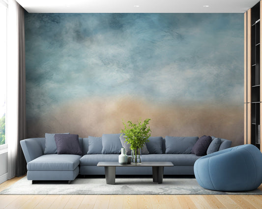 Gray cloud ombre wallpaper with blue and tan textured brushstrokes.