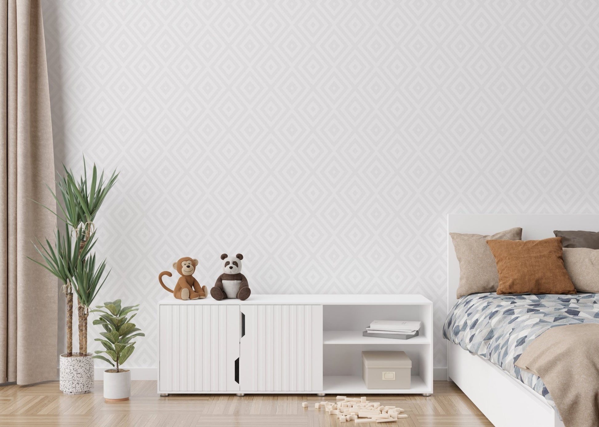 Minimalist kids bedroom with indoor plants with gray geometric wallpaper.