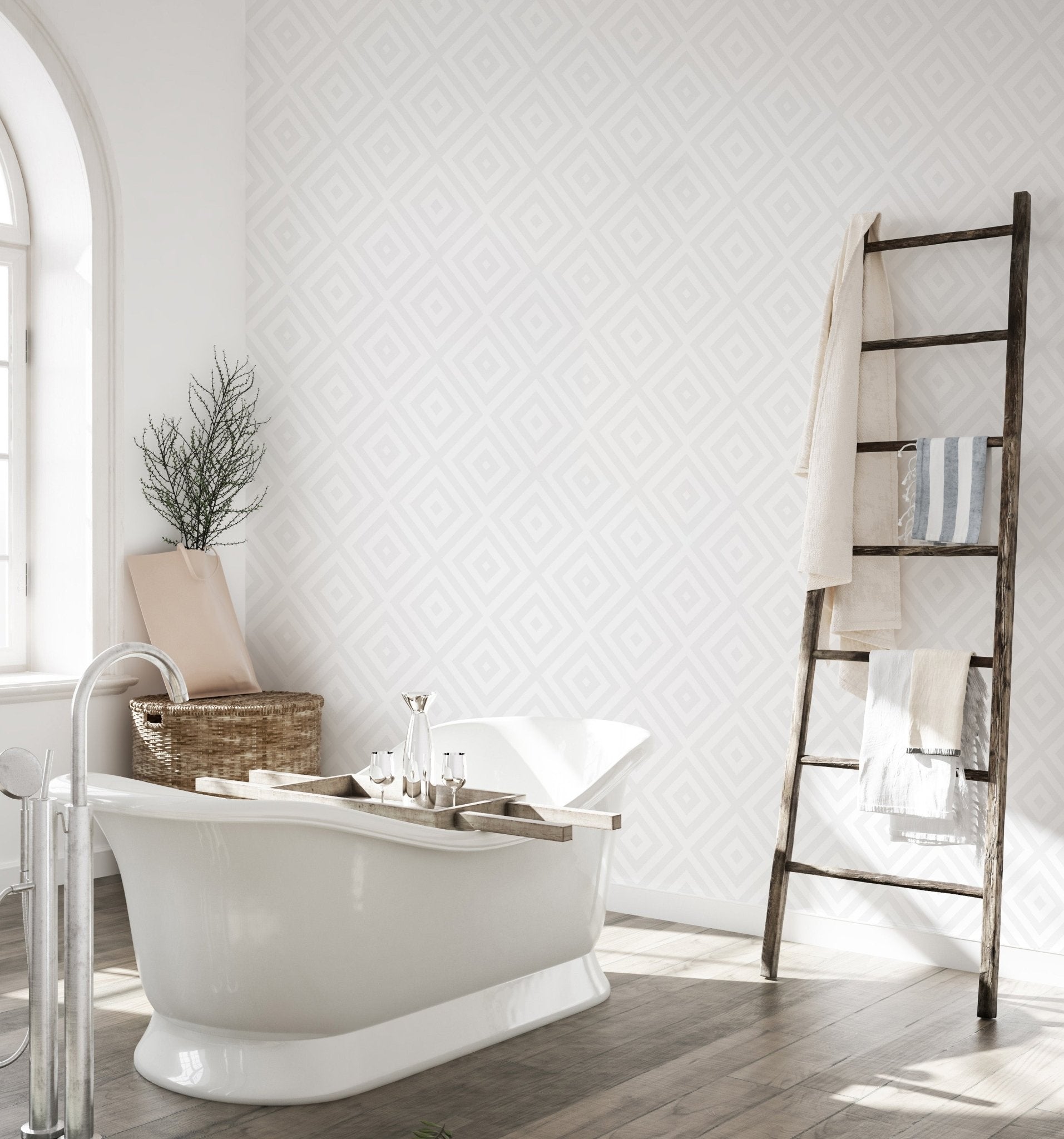 Modern bathroom with a freestanding tub and textured diamond pattern wallpaper.
