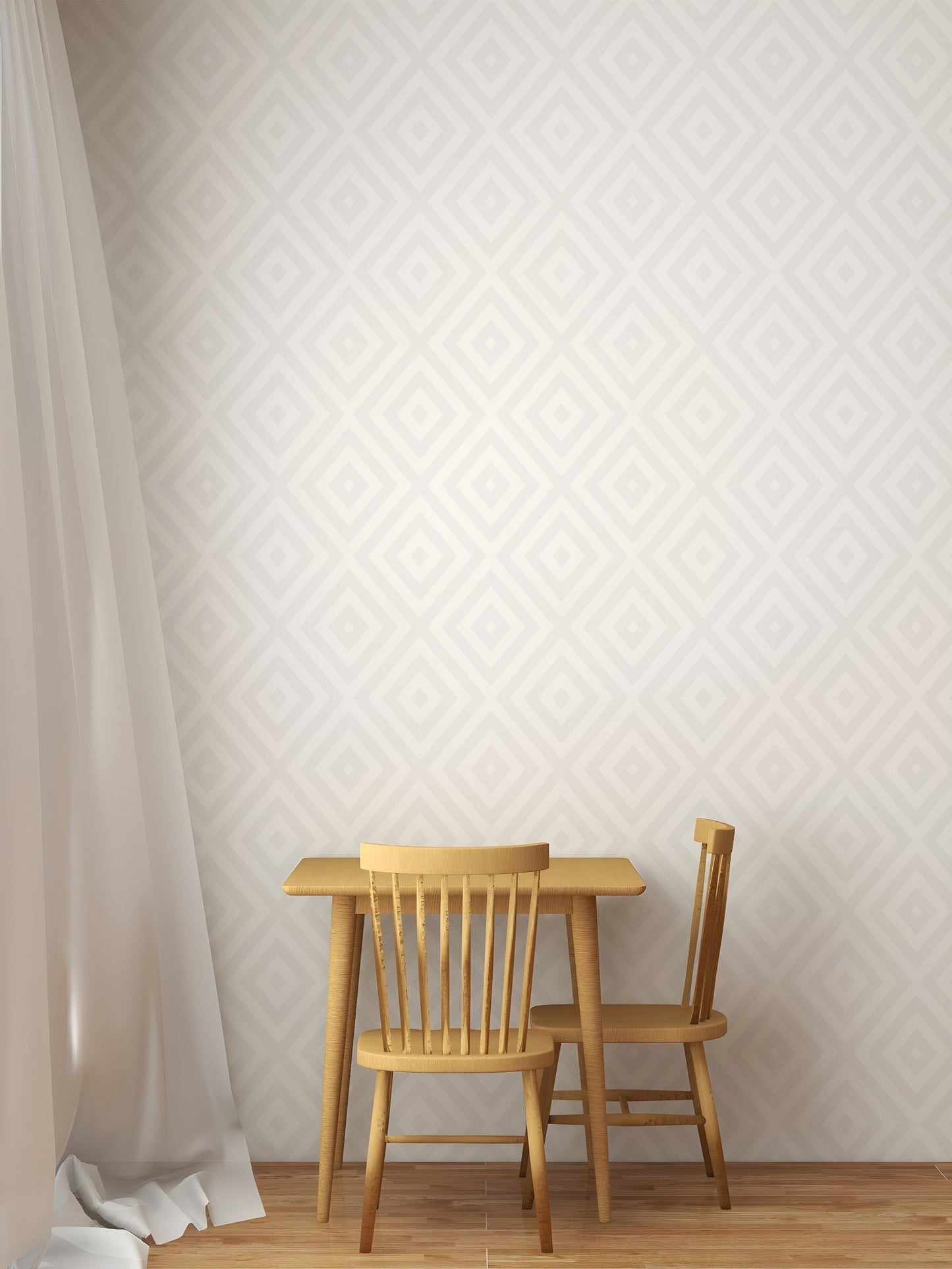 Simple wooden dining set against a subtle concentric diamond pattern wallpaper.