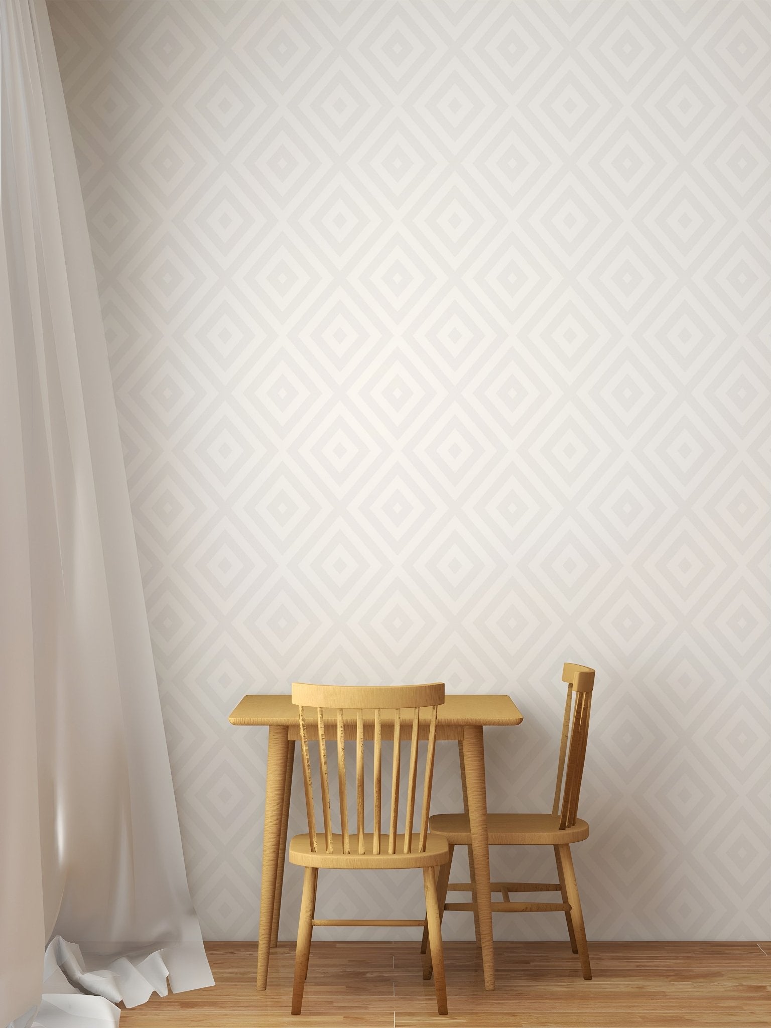 Simple wooden dining set against a subtle concentric diamond pattern wallpaper.