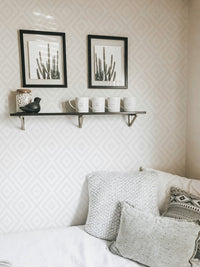 Decorative shelving with black frames on a light gray diamond wallpaper.