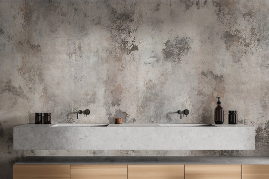 Industrial gray concrete wall mural with weathered plaster texture.