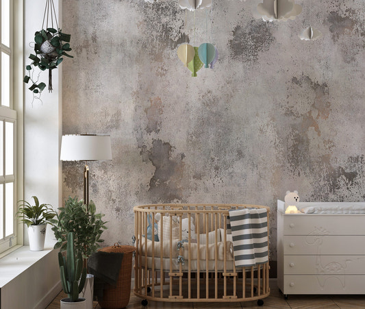 Distressed concrete wallpaper featuring natural stone and grit details.