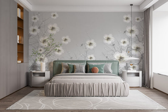 Gray Floral Sculpture Garden Art Murals in a modern bedroom with green headboard.