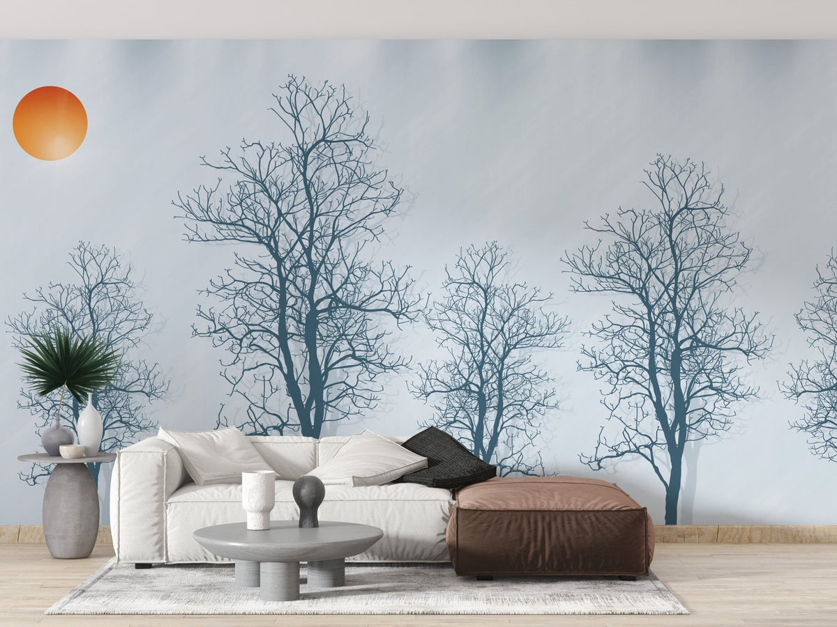 Elegant crimson sun wall mural in a minimalist living room.