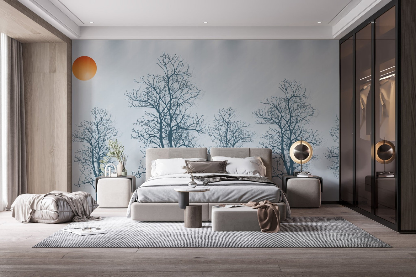 Gray Forest Crimson Sun Wallpaper Mural - Wallanza