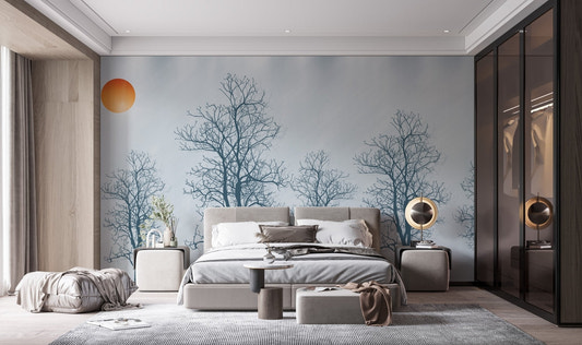 Gray Forest Crimson Sun wallpaper behind a modern bed in a bedroom.