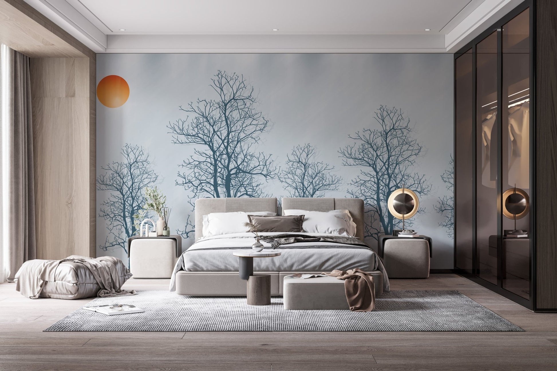 Gray Forest Crimson Sun Wallpaper Mural - Wallanza
