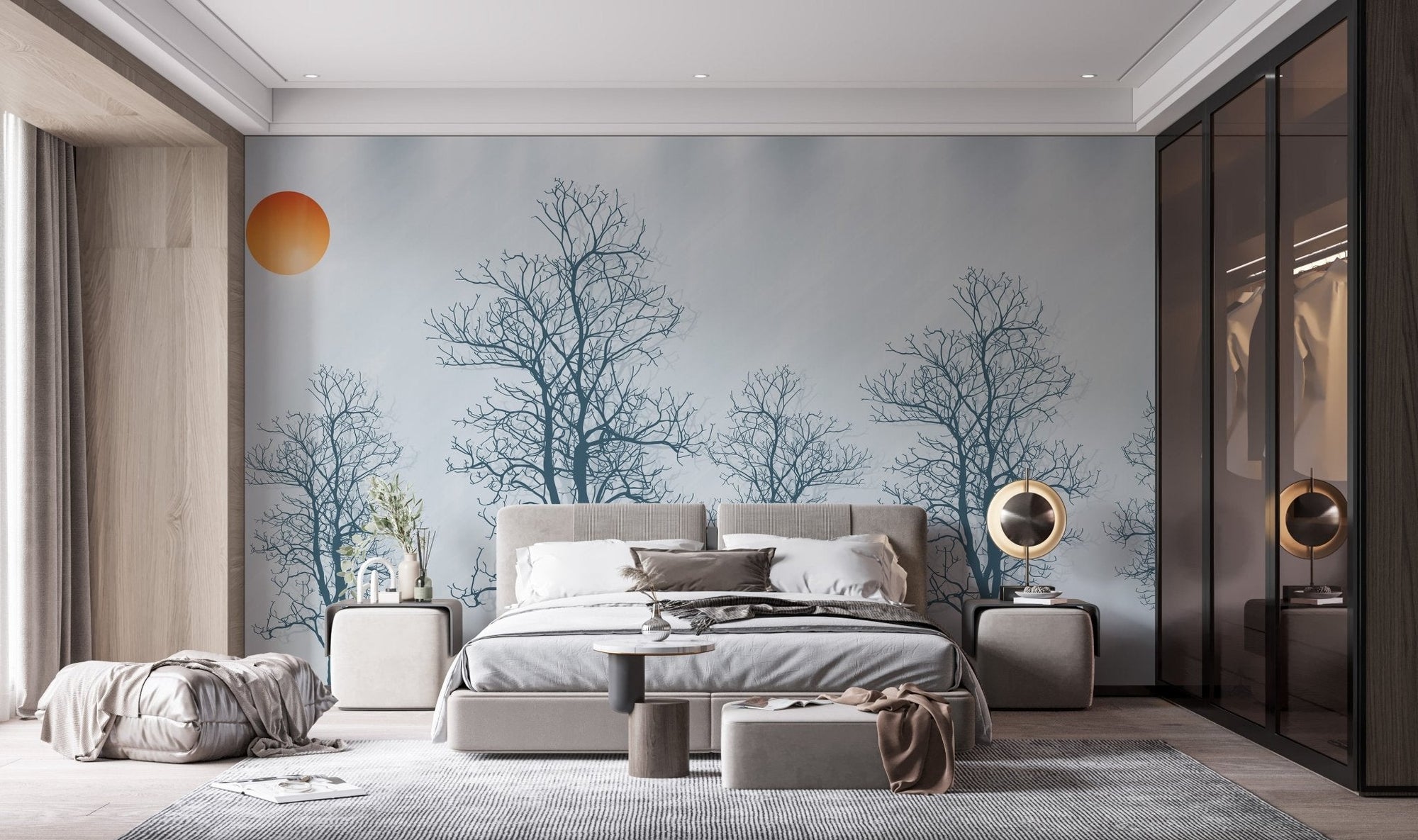 Gray Forest Crimson Sun wallpaper behind a modern bed in a bedroom.