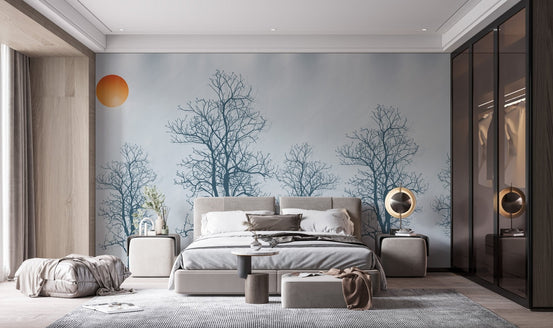 Gray Forest Crimson Sun wallpaper behind a modern bed in a bedroom.