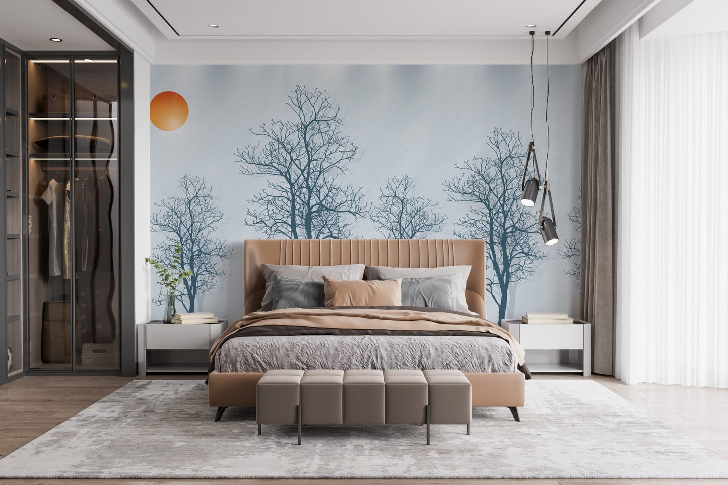 Gray Forest Crimson Sun Wallpaper Mural - Wallanza