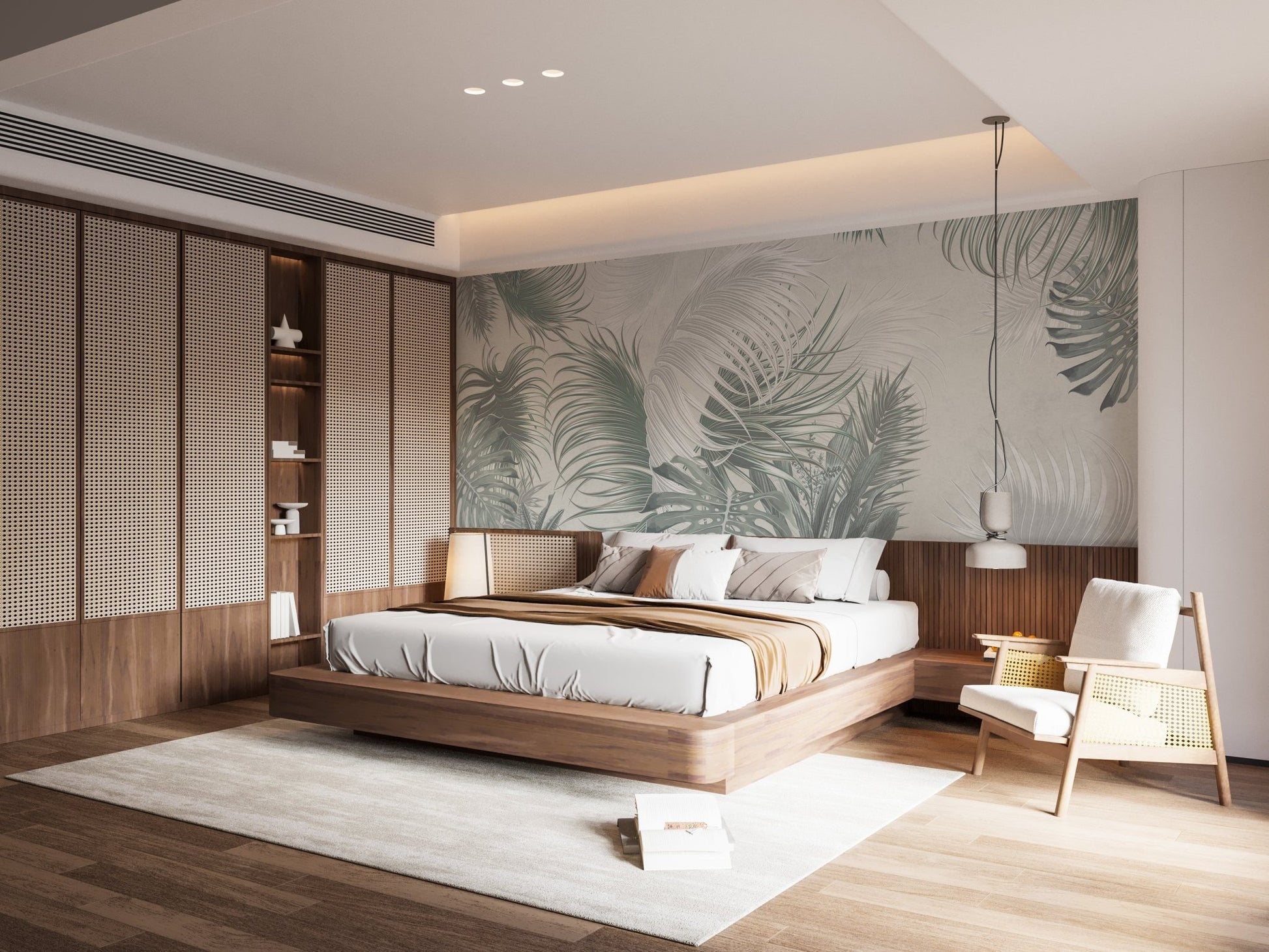 Gray Large Tropical Palm Leaves Mural on a master bedroom feature wall.