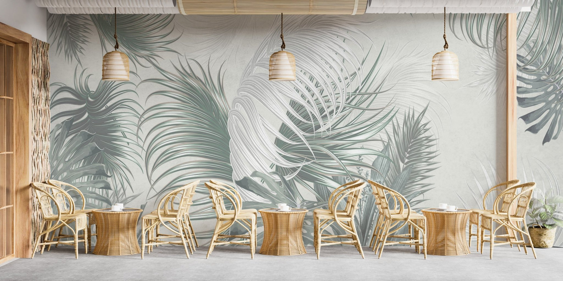 Sophisticated tropical palm leaves mural in dining area.