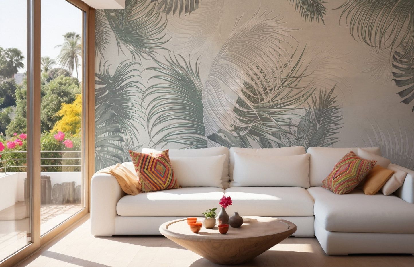 Light grey botanical leaves wall mural in a sunlit sitting area with a balcony.