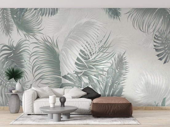 Gray Large Tropical Palm Leaves Wall Mural behind a white sofa in a living room.