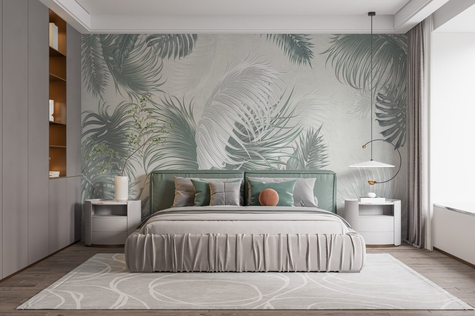 Gray Large Tropical Palm Leaves Wall Mural with soft lighting in a bedroom.