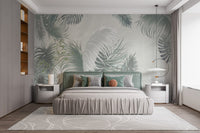 Gray Large Tropical Palm Leaves Wall Mural with soft lighting in a bedroom.
