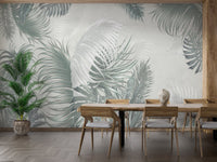 Tropical palm leaves mural with gray tones for dining room interiors