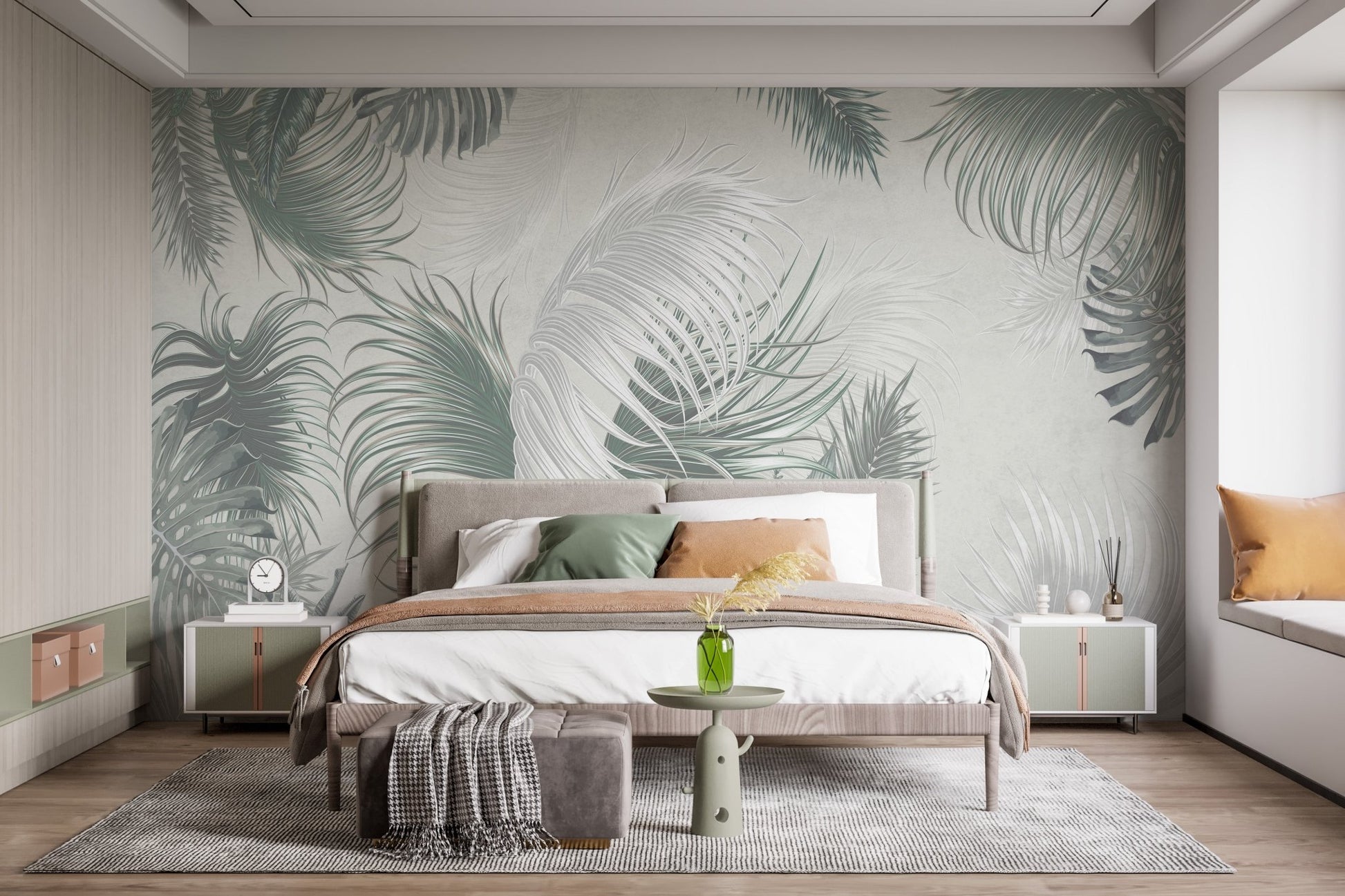 Grey and green botanical wall mural behind a king-size bed in a neutral bedroom.