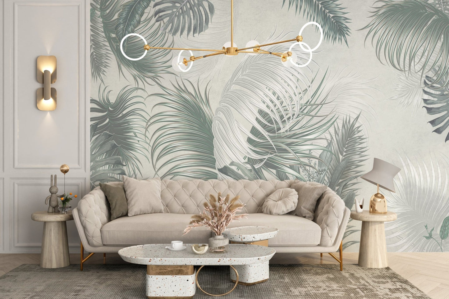 Greenery themed wall mural with large palm sketches in a bright living space.
