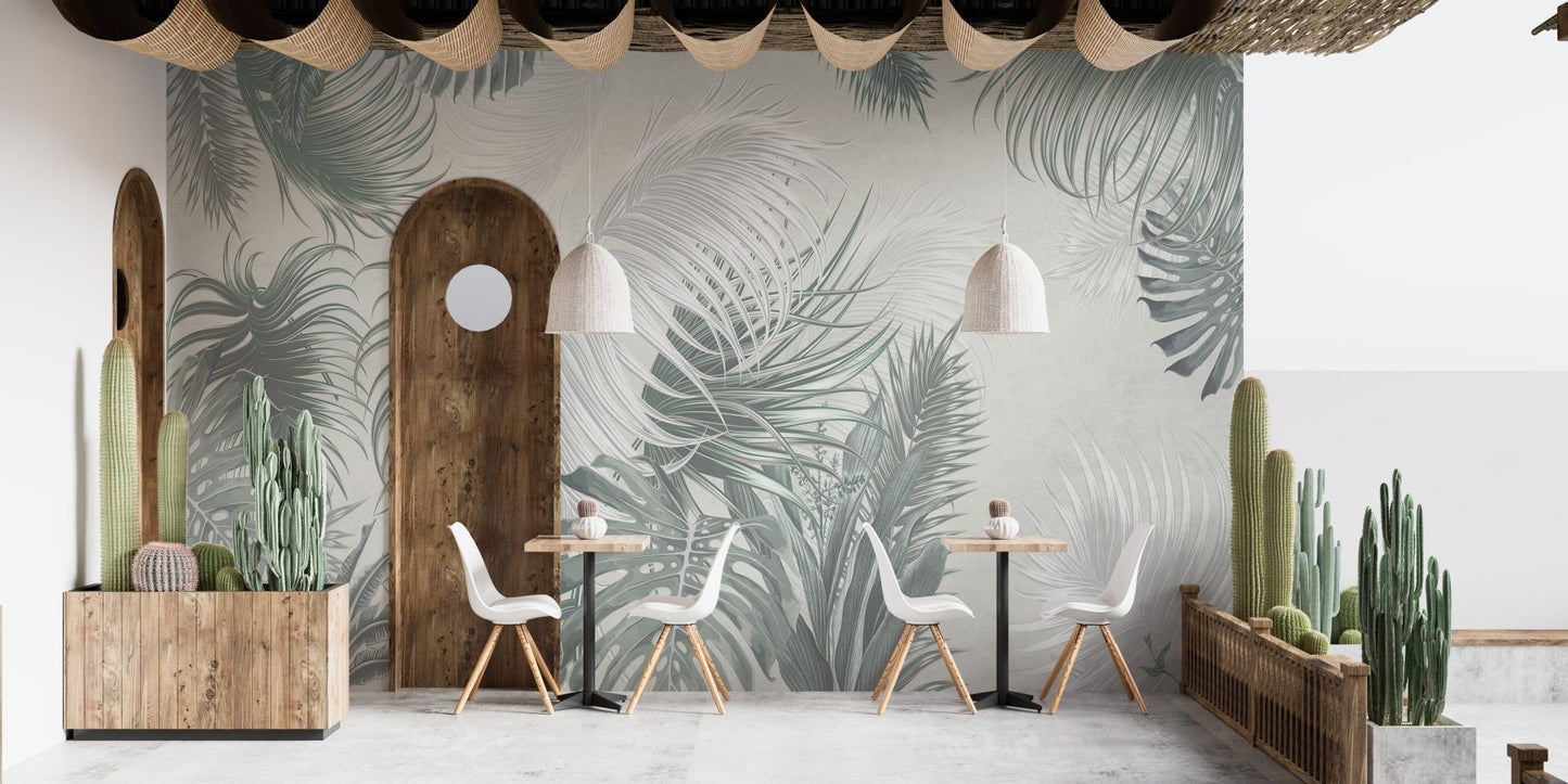 Tropical palm leaves wall mural in a minimalist cafe setting with arch decor.