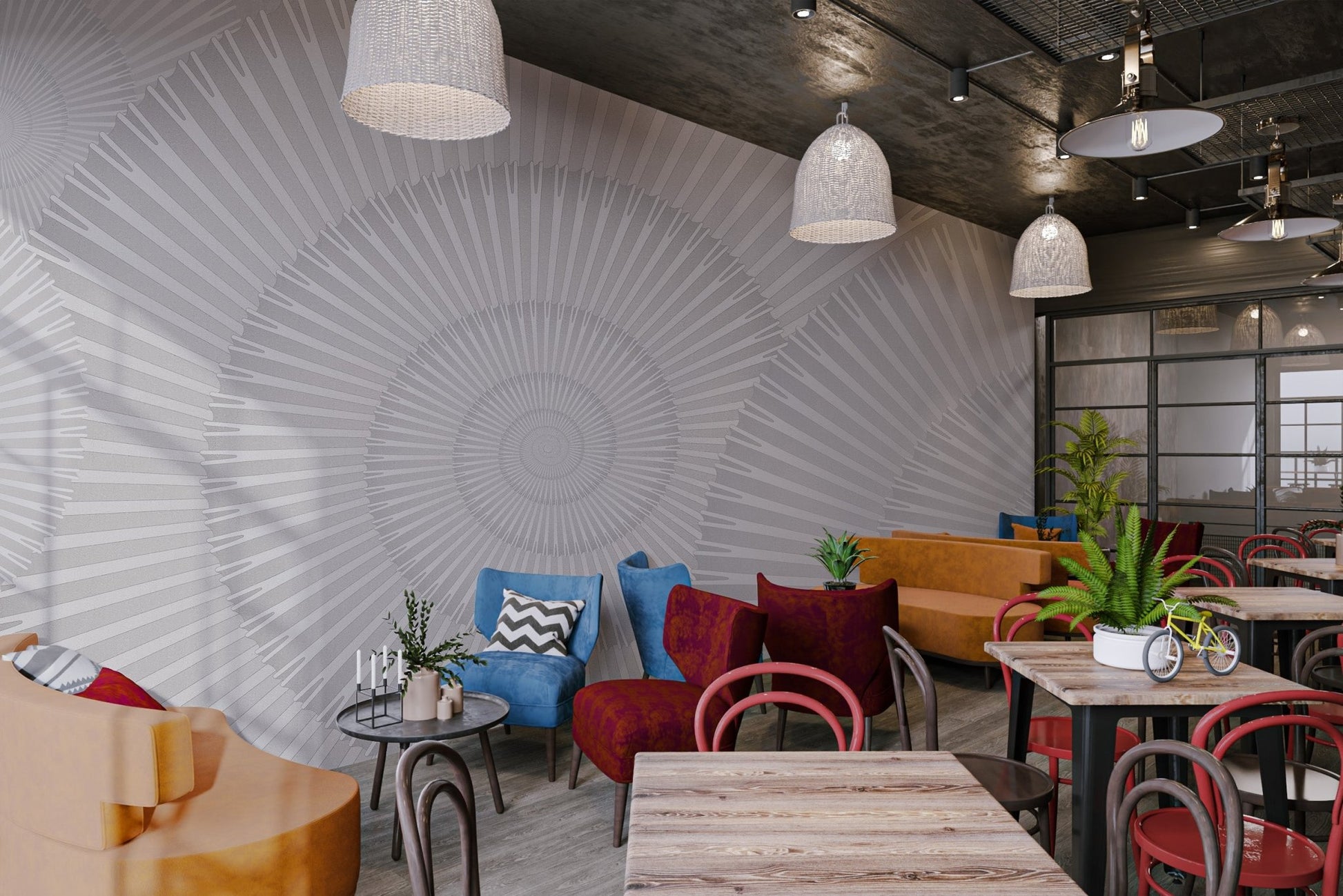 Minimalist grey wall mural with overlapping circular designs in cafe.