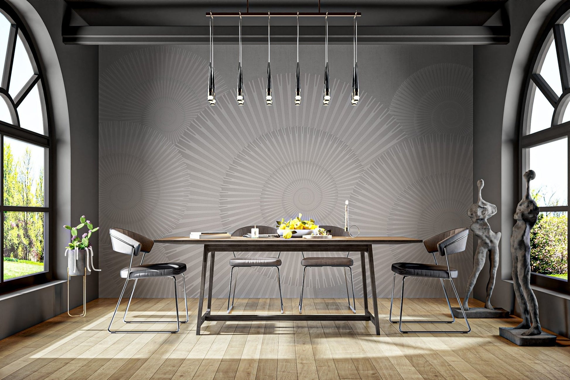 Gray Modern Geometric Mural with spiral patterns for dining room.