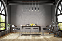 Gray Modern Geometric Mural with spiral patterns for dining room.
