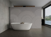 Radial line geometric wall mural featuring repeating shell shapes.