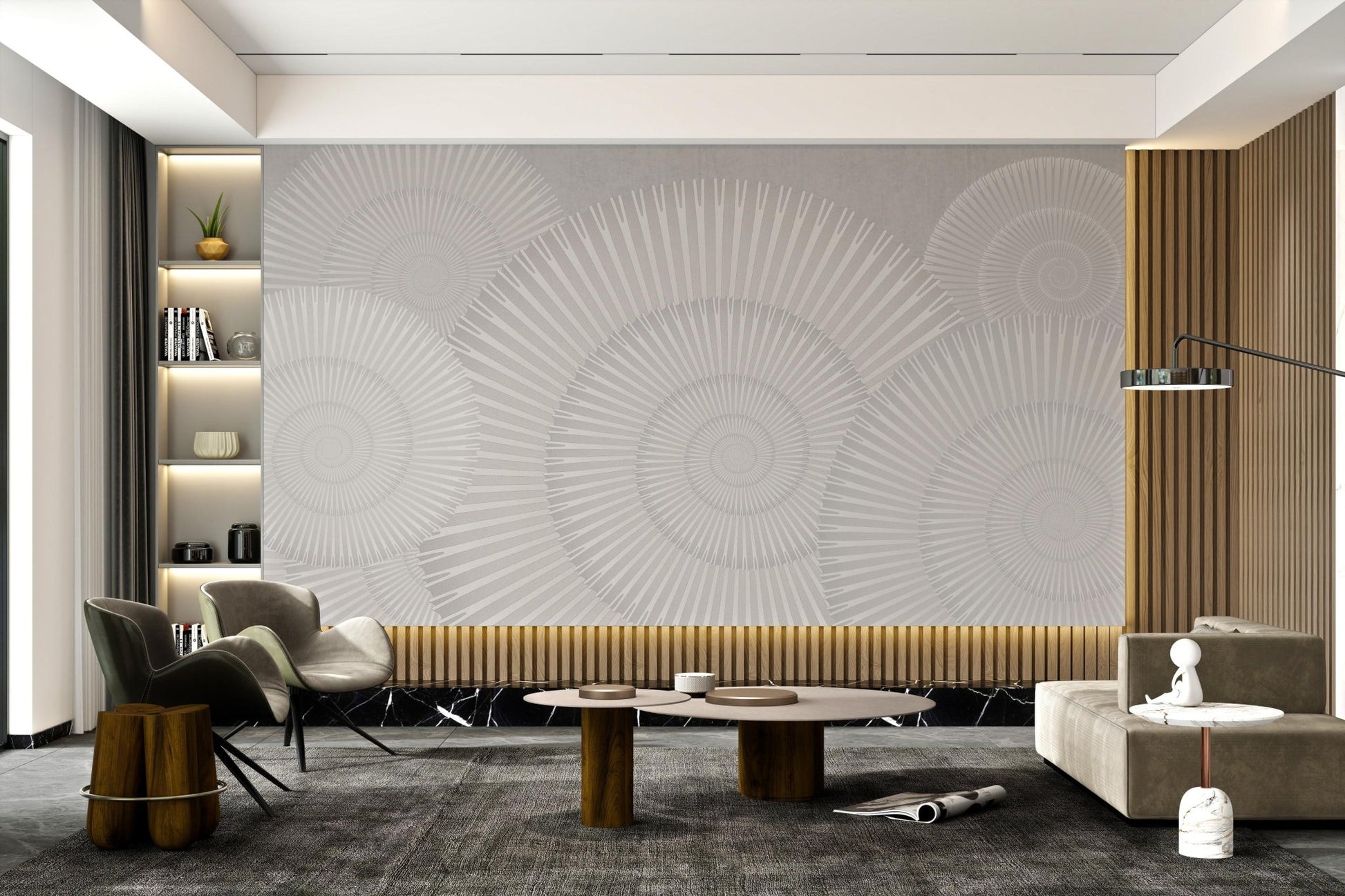 Modern wall mural featuring rotating geometric fan patterns.