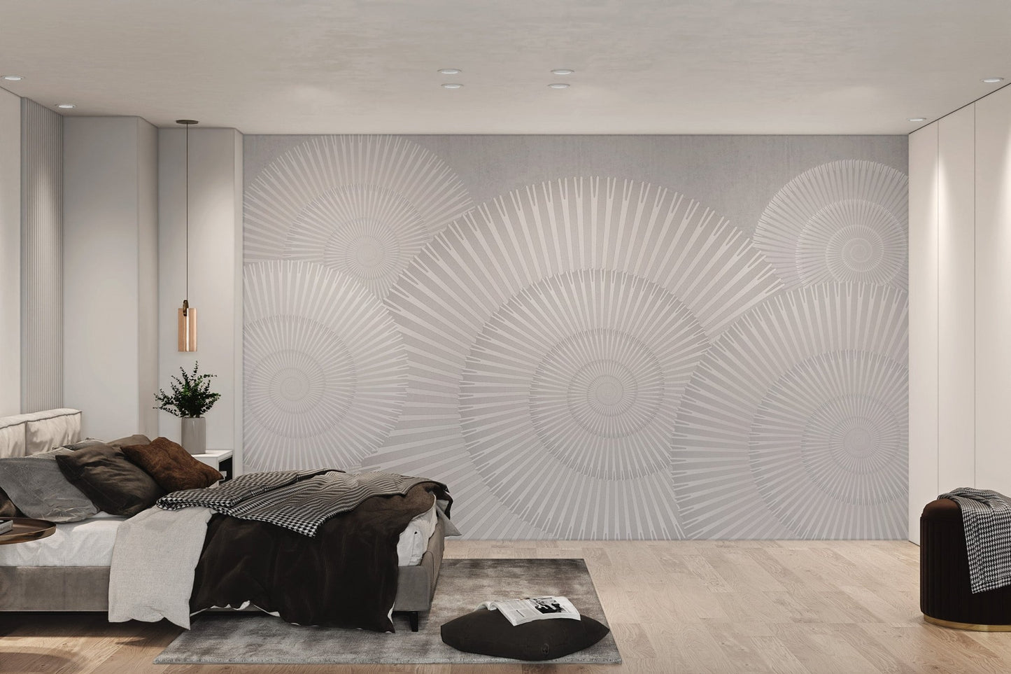 Contemporary geometric wall mural for  master bedroom interior.