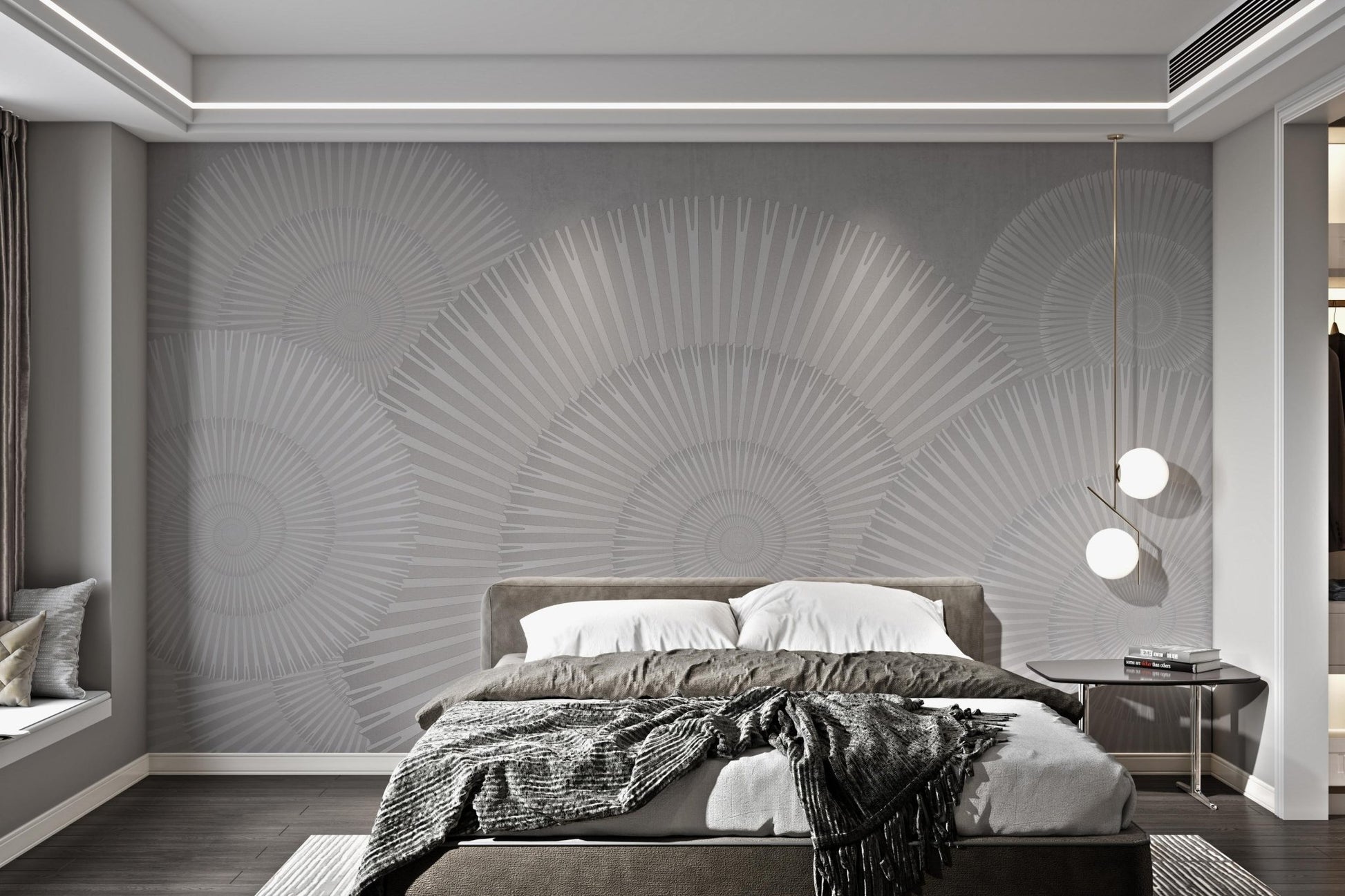 Light grey geometric wall mural with repetitive spiral structure.