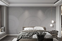 Light grey geometric wall mural with repetitive spiral structure.
