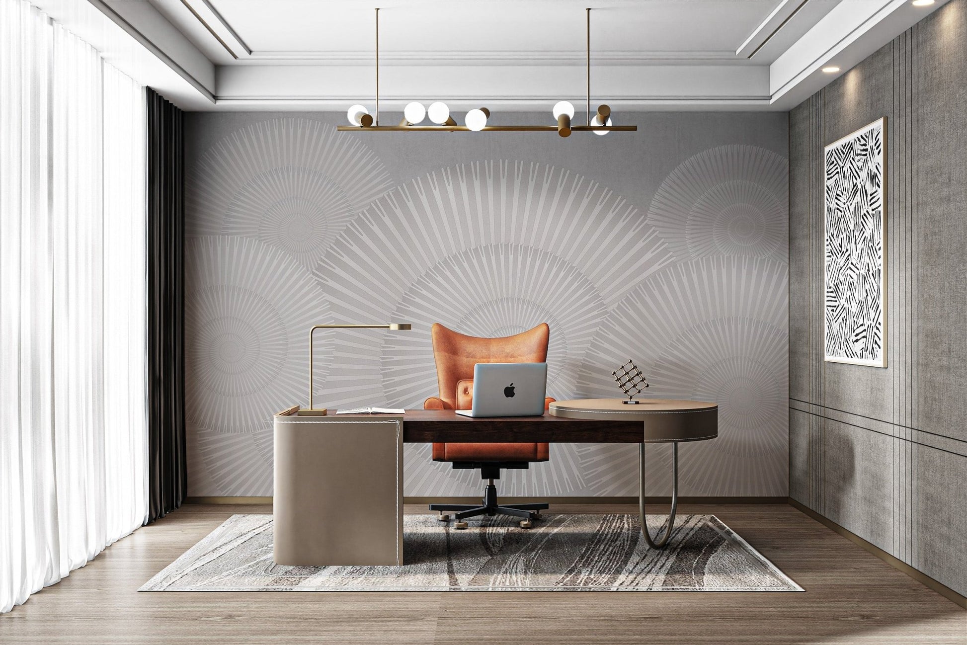 Modern geometric mural with monochromatic spiral motifs for office.