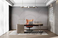 Modern geometric mural with monochromatic spiral motifs for office.