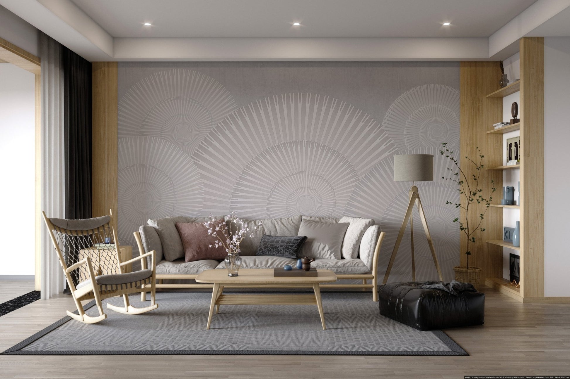 Abstract circular line wall mural in matte grey and white shades for living room.