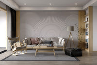 Abstract circular line wall mural in matte grey and white shades for living room.