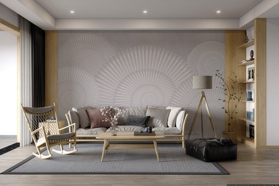 Abstract circular line wall mural in matte grey and white shades for living room.